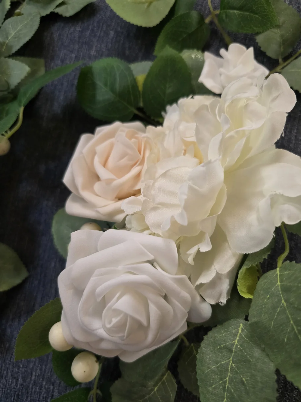 Cream & White Artificial Floral Spray with Green Leaves